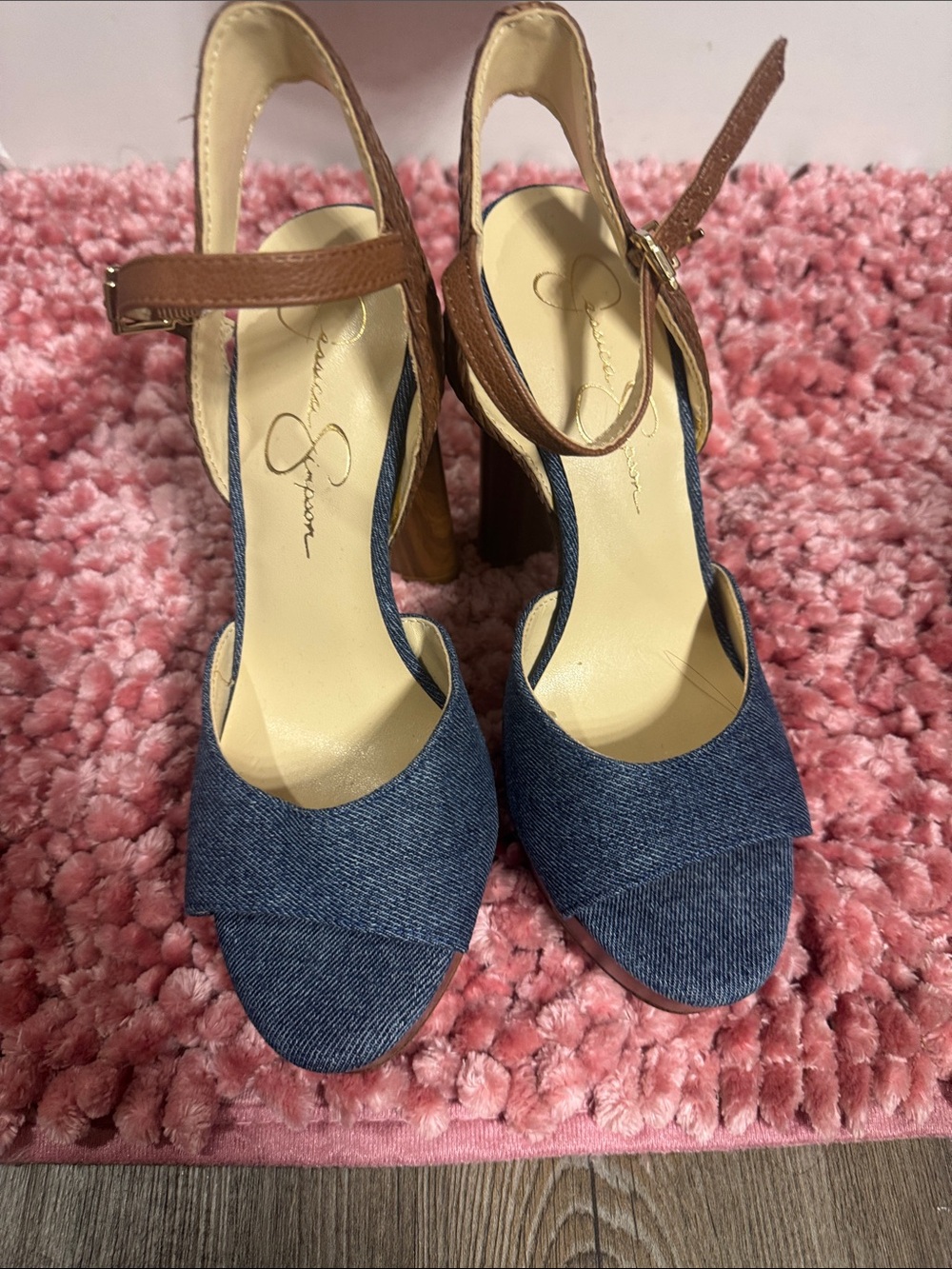 Jessica Simpson Denim and Brown Leather Slingback Block Heels